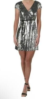 Aqua Silver Sequin Wrap Dress Sz Small Flawed